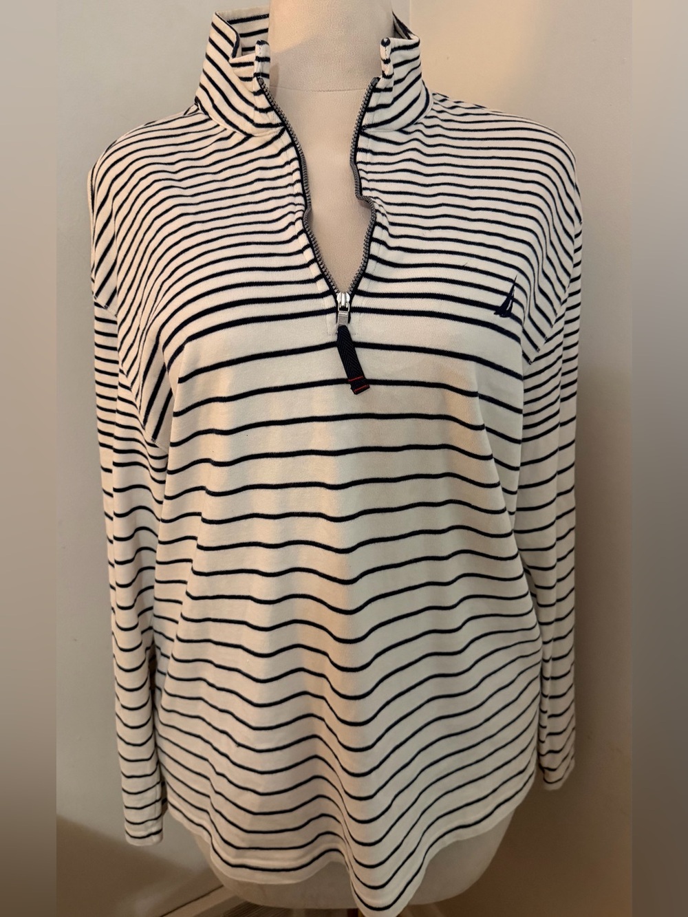 Nautica XL 100% Cotton Navy Ivory Striped Quarter Zip Nautical Pullover Preppy